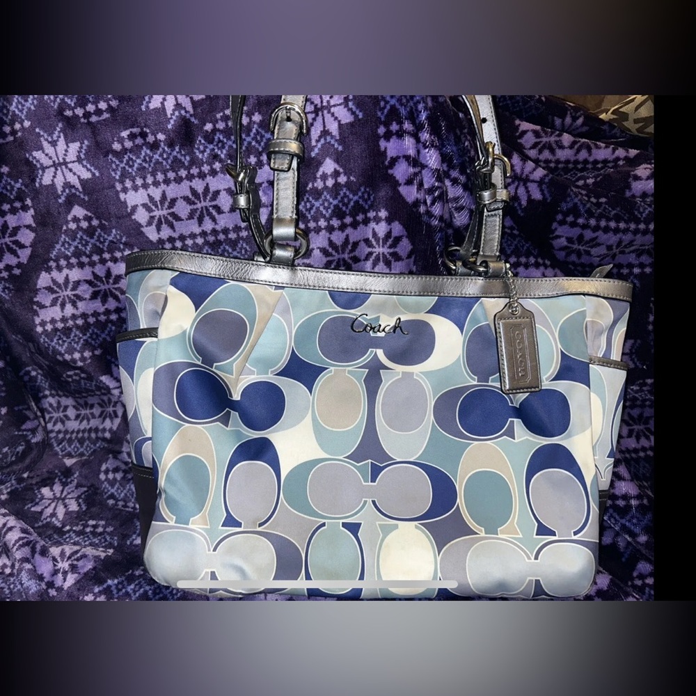 Coach Signature Scarf Print Hobo Bag 18427 Blue Silver White Shoulder Purse